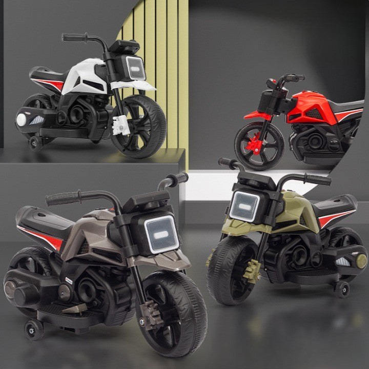MOTOCICLETA ELECTRICA CU 2 ROTI MARI SI 2 ROTI AJUTATOARE, ACUMULATOR INCARCARE, ANTI-RASTURNARE, LUMINI, MUZICA, MOTOR:380, BATERIE 6V4.5, 41.5X70X34 CM, 4.5 KG, 3 ANI+, ROSU NEGRU