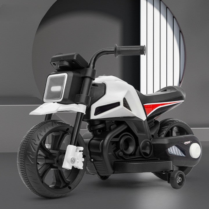 Motocicleta electrica pentru copii 3 ani + cu 2 roti mari si 2 ajutătoare, cu sistem anti-rasturnare ,lumini si muzica
