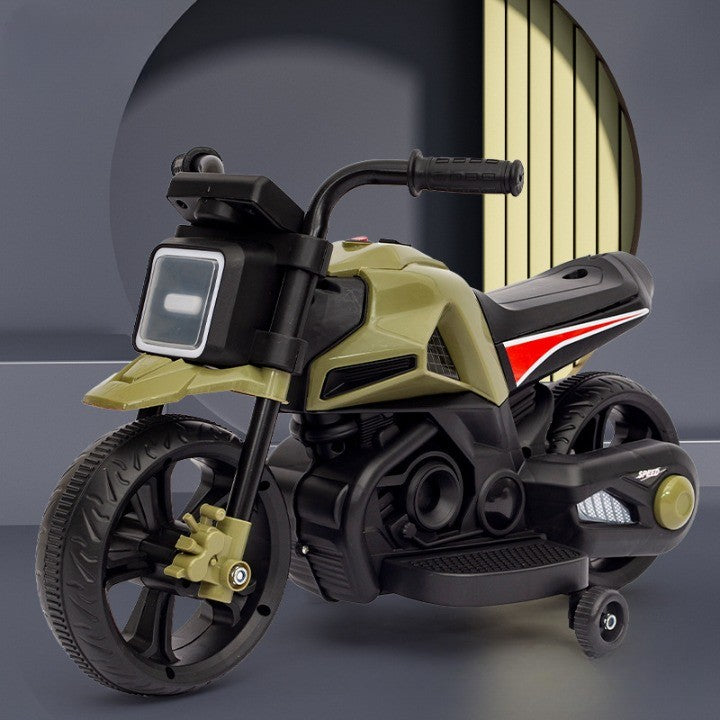 MOTOCICLETA ELECTRICA CU 2 ROTI MARI SI 2 ROTI AJUTATOARE, ACUMULATOR INCARCARE, ANTI-RASTURNARE, LUMINI, MUZICA, MOTOR:380, BATERIE 6V4.5, 41.5X70X34 CM, 4.5 KG, 3 ANI+, VERDE NEGRU
