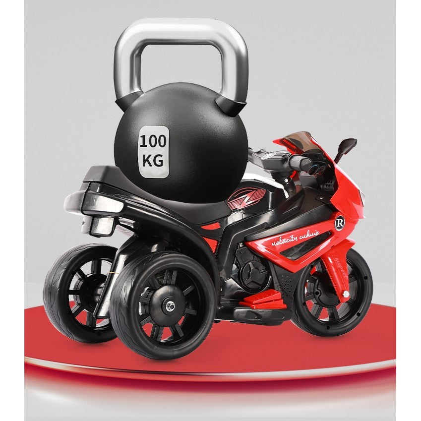 MOTOCICLETĂ ELECTRICĂ CU 3 ROTI, ACUMULATOR ÎNCARCARE, ANTI-RASTURNARE, LUMINI, SUNETE, OFF-ROAD, BATERIE 6V 4.5AH, TELECOMANDA, 66X34X43CM, ROSU