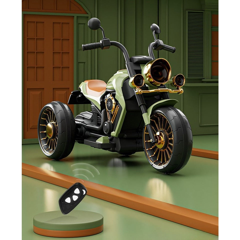 MOTOCICLETA ELECTRICA CU ACUMULATOR, TELECOMANDA, BLUETOOTH, SISTEM ANTI-RASTURNARE, SISTEM DE LUMINI SI SUNET, 1-8 ANI, 93 X 48 X 63 CM, VERDE