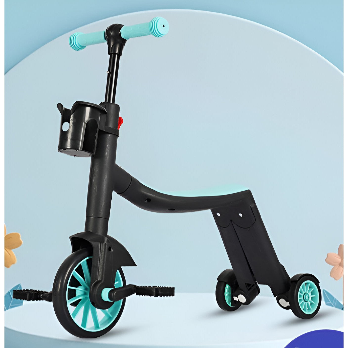 BICICLETA 8 IN 1, TRANSFORMABILA, MULTIFUNCTIONALA, REGLARE INALTIME, CU MANER DE IMPINGERE DETASABIL, TRICICLETA, TROTINETA, 3 ROTI, PEDALE, COSULET, 3-6 ANI, ALBASTRU
