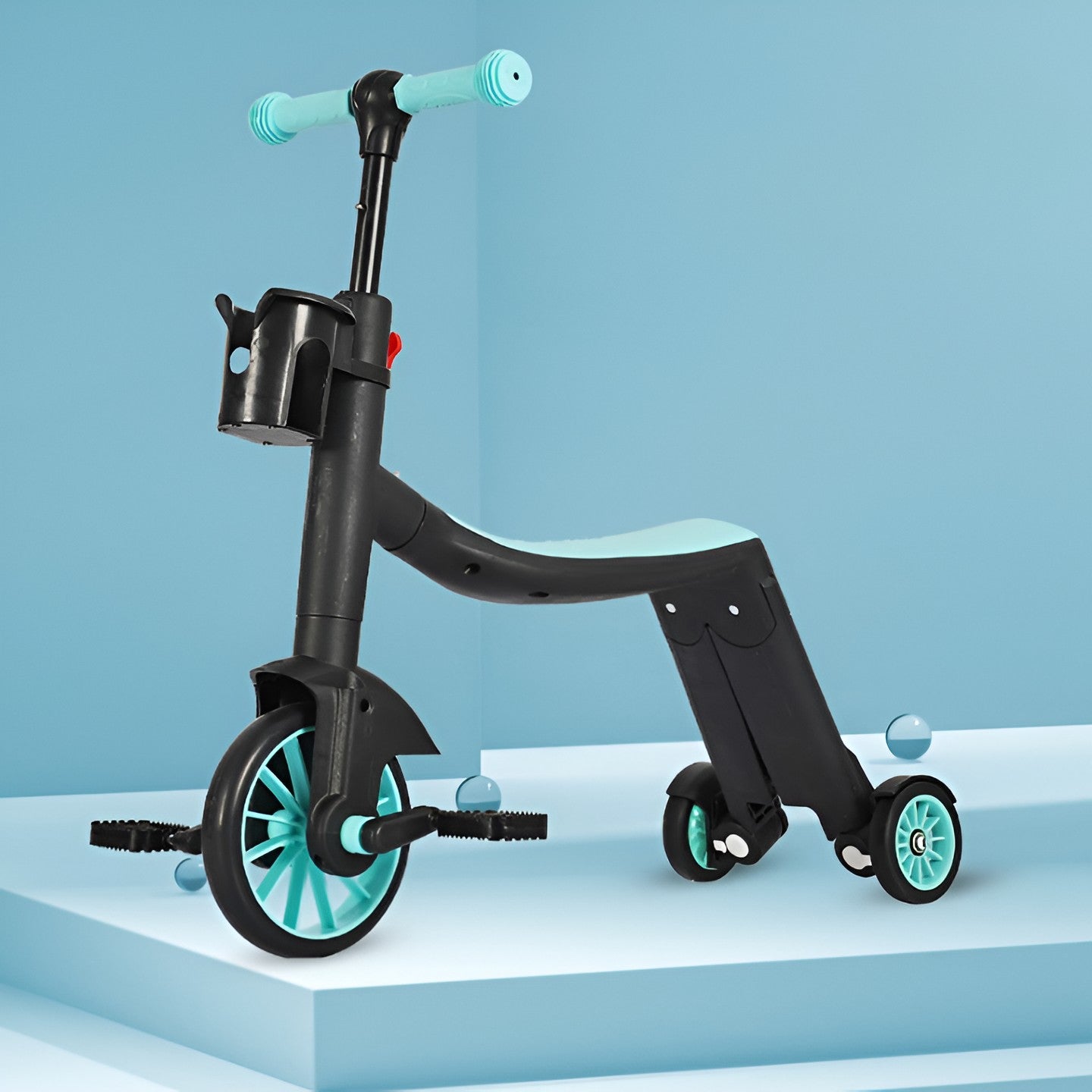 BICICLETA 8 IN 1, TRANSFORMABILA, MULTIFUNCTIONALA, REGLARE INALTIME, CU MANER DE IMPINGERE DETASABIL, TRICICLETA, TROTINETA, 3 ROTI, PEDALE, COSULET, 3-6 ANI, ALBASTRU