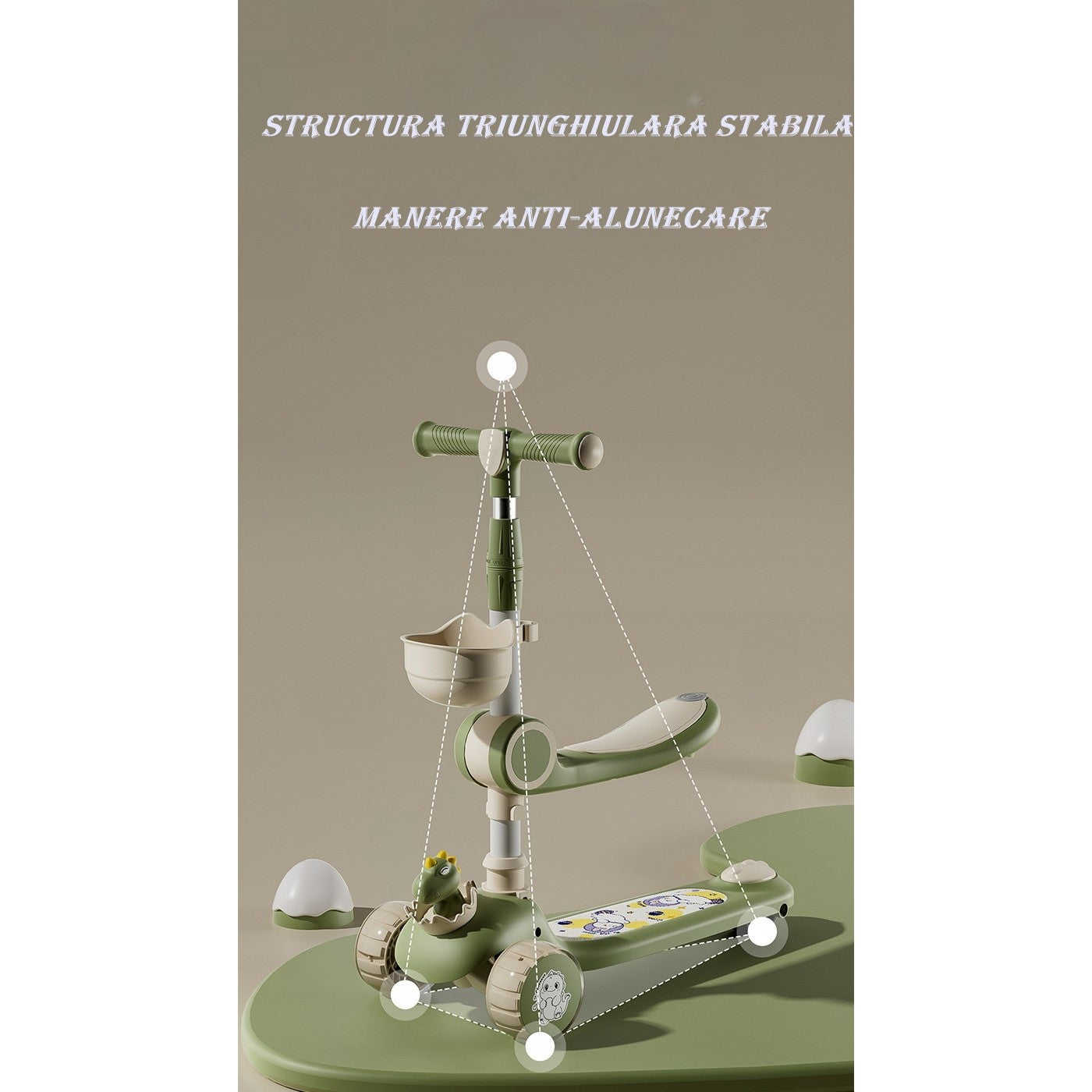 Trotineta Multifunctionala 3 in 1, pentru Copii, 1-7 Ani, cu Lumini si Muzica, Reglabil 360, Pliere Usoara, Reglarea Inaltimii, Model Dinozaur, Bej/Verde