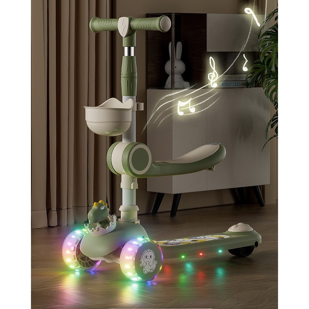Trotineta Multifunctionala 3 in 1, pentru Copii, 1-7 Ani, cu Lumini si Muzica, Reglabil 360, Pliere Usoara, Reglarea Inaltimii, Model Dinozaur, Bej/Verde