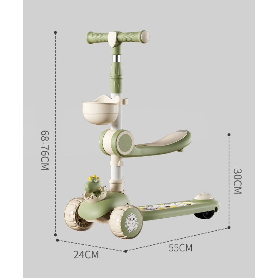 Trotineta Multifunctionala 3 in 1, pentru Copii, 1-7 Ani, cu Lumini si Muzica, Reglabil 360, Pliere Usoara, Reglarea Inaltimii, Model Dinozaur, Bej/Verde