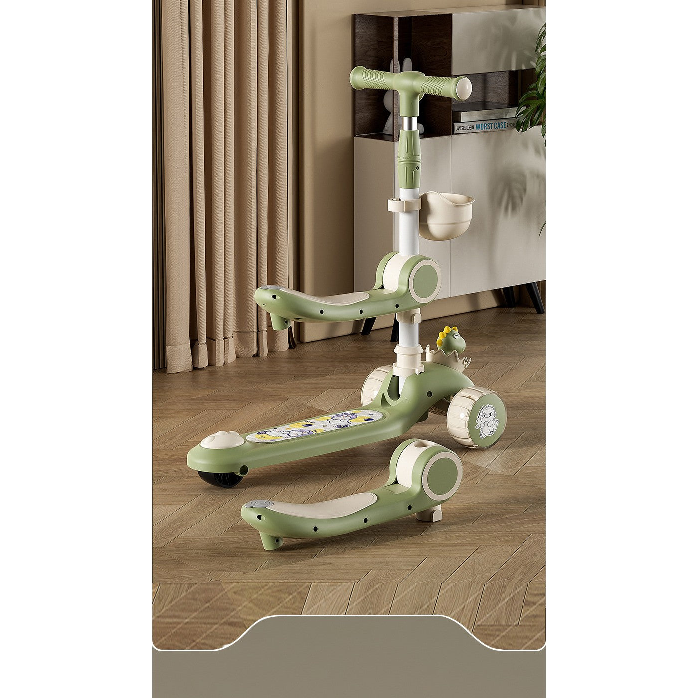 Trotineta Multifunctionala 3 in 1, pentru Copii, 1-7 Ani, cu Lumini si Muzica, Reglabil 360, Pliere Usoara, Reglarea Inaltimii, Model Dinozaur, Bej/Verde