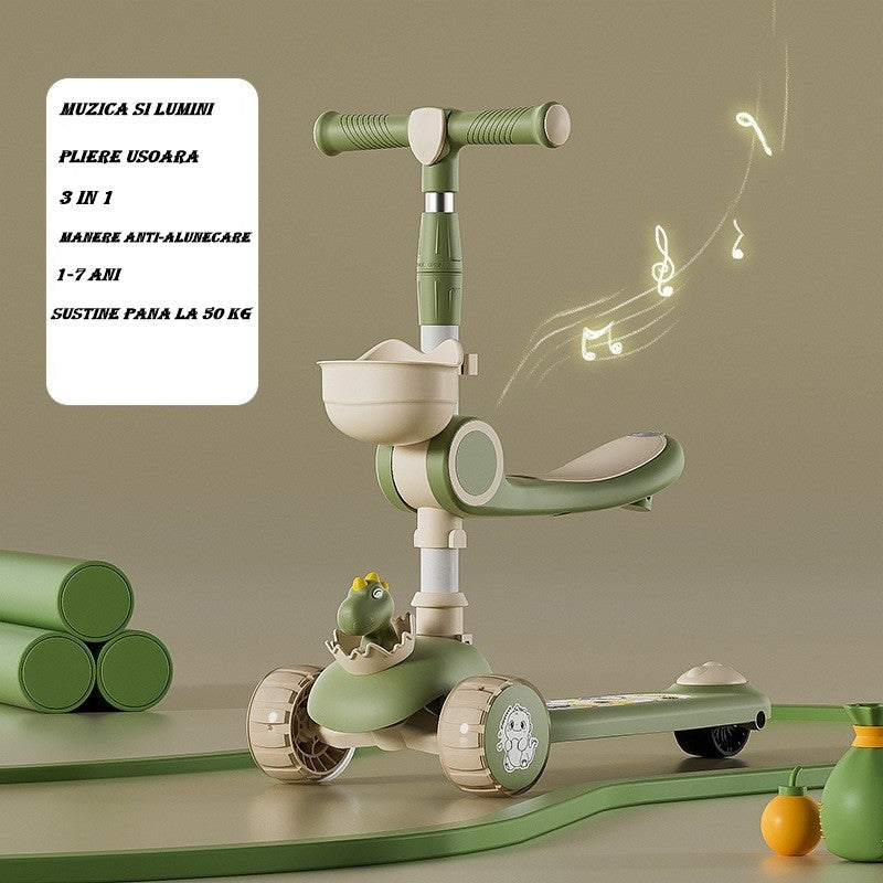 Trotineta Multifunctionala 3 in 1, pentru Copii, 1-7 Ani, cu Lumini si Muzica, Reglabil 360, Pliere Usoara, Reglarea Inaltimii, Model Dinozaur, Bej/Verde