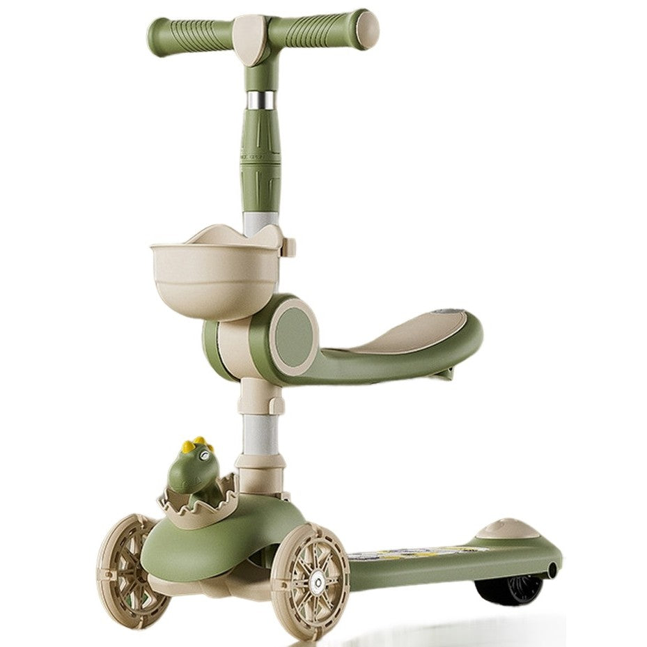 Trotineta Multifunctionala 3 in 1, pentru Copii, 1-7 Ani, cu Lumini si Muzica, Reglabil 360, Pliere Usoara, Reglarea Inaltimii, Model Dinozaur, Bej/Verde