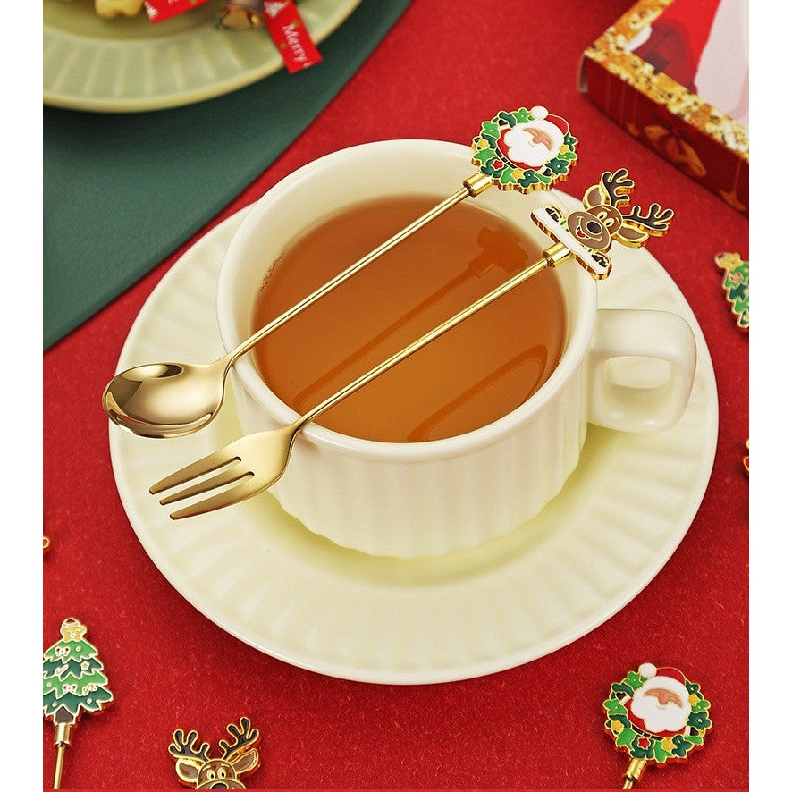 Set 4 Furculițe, Tematică Crăciun, Model „Carry the Merry”, din Oțel Inoxidabil