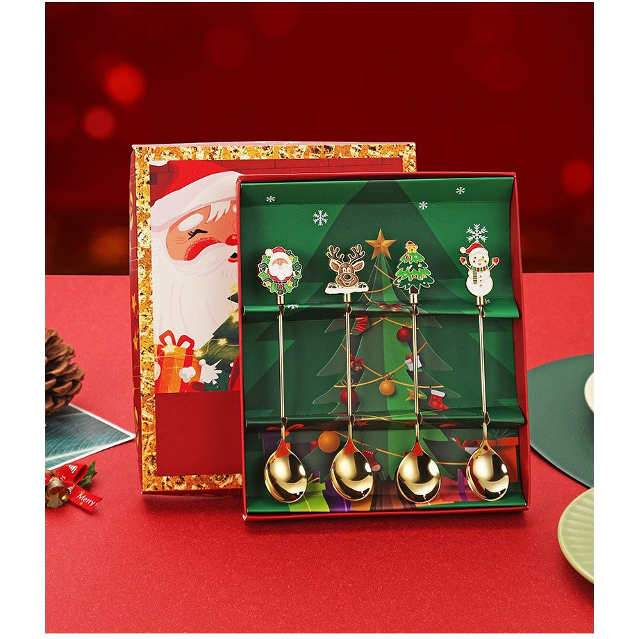 Set 4 Lingurite, Tematică Crăciun, Model „Carry the Merry”, din Oțel Inoxidabil, 4 Modele Asortate, Cutie Cadou