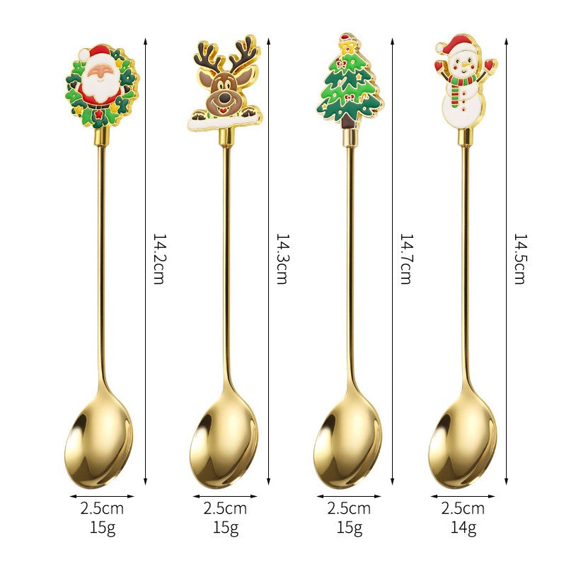 Set 4 Lingurite, Tematică Crăciun, Model „Carry the Merry”, din Oțel Inoxidabil, 4 Modele Asortate, Cutie Cadou