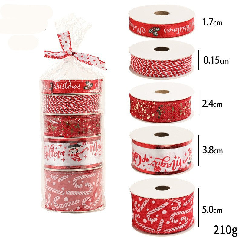 Panglica Decorativa cu Tematica de Craciun, Set din 4 bucat + 1 Rulon Ata Rosie Alba