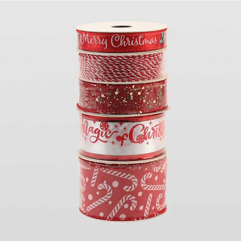 Panglica Decorativa cu Tematica de Craciun, Set din 4 bucat + 1 Rulon Ata Rosie Alba