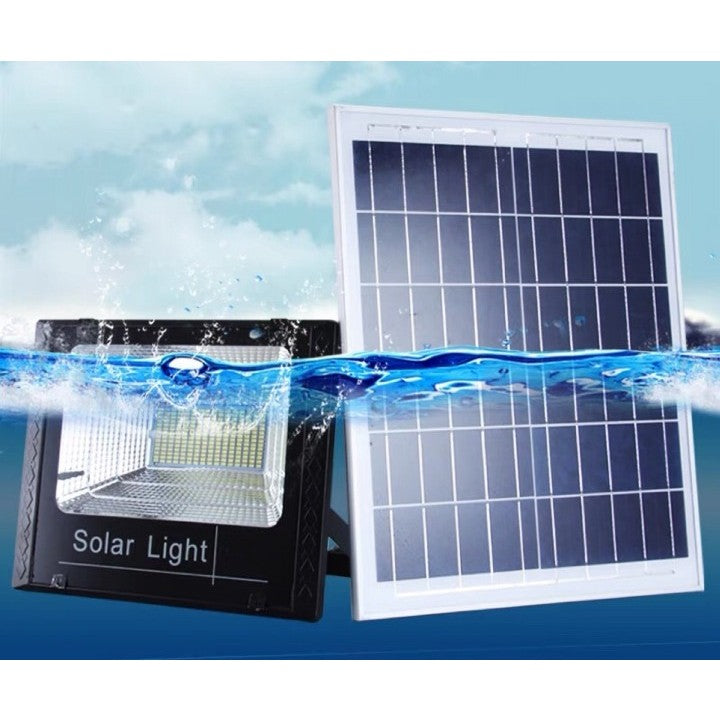 Proiector 100 LED SMD - 30W cu încărcare solară, senzor lumina, timer,telecomanda si kit montaj inclus, 15X12 cm, IP67