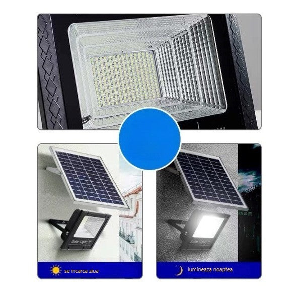 Proiector 100 LED SMD - 30W cu încărcare solară, senzor lumina, timer,telecomanda si kit montaj inclus, 15X12 cm, IP67