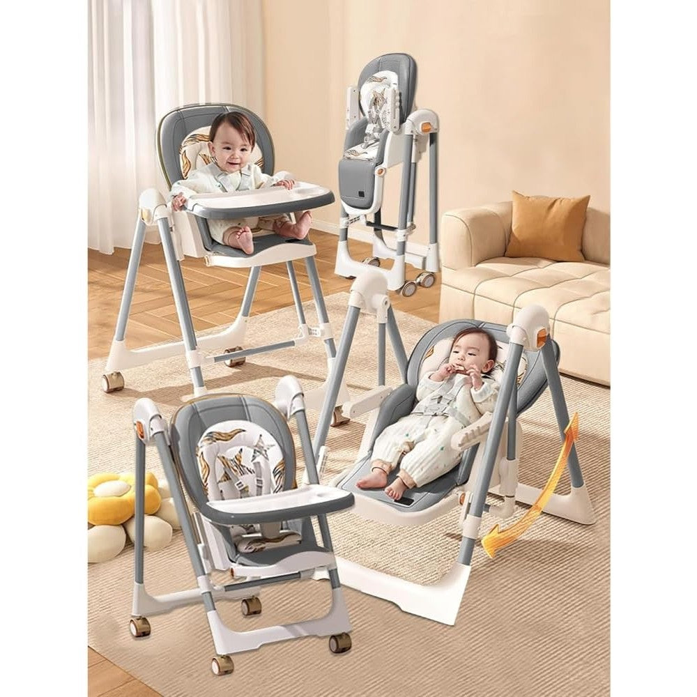 Scaun de Masă 2în1 cu Funcție de Legănare, pentru Copii 6 Luni – 4 Ani, Reglabil, Pliabil, cu Roti, Tăviță Dublă, Centură 5 Puncte, 96 x 56 x 76 cm
