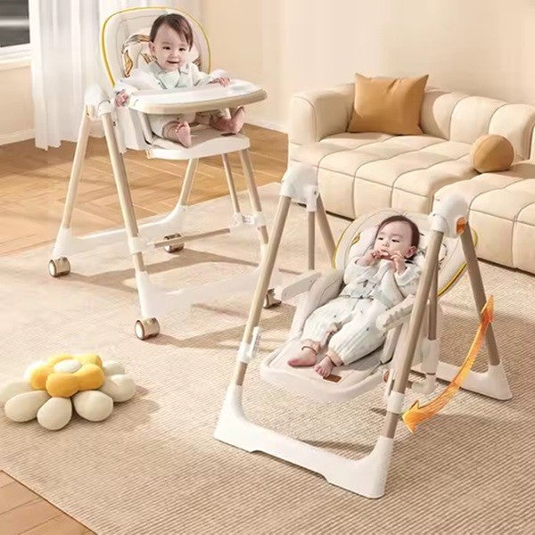Scaun de Masă 2în1 cu Funcție de Legănare, pentru Copii 6 Luni – 4 Ani, Reglabil, Pliabil, cu Roti, Tăviță Dublă, Centură 5 Puncte, 96 x 56 x 76 cm
