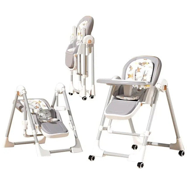 Scaun de Masă 2în1 cu Funcție de Legănare, pentru Copii 6 Luni – 4 Ani, Reglabil, Pliabil, cu Roti, Tăviță Dublă, Centură 5 Puncte, 96 x 56 x 76 cm