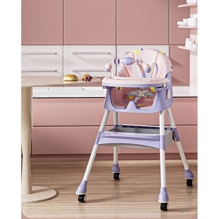 Scaun de Masa pentru Bebelusi si Copii, 2 Tavite si Husa Detasabile, Multifuncțional, Stabil, Centura de Siguranta, Spatar Reglabil Moale, Balansoar, Cos de Depozitare, de la 6 Luni, Mov