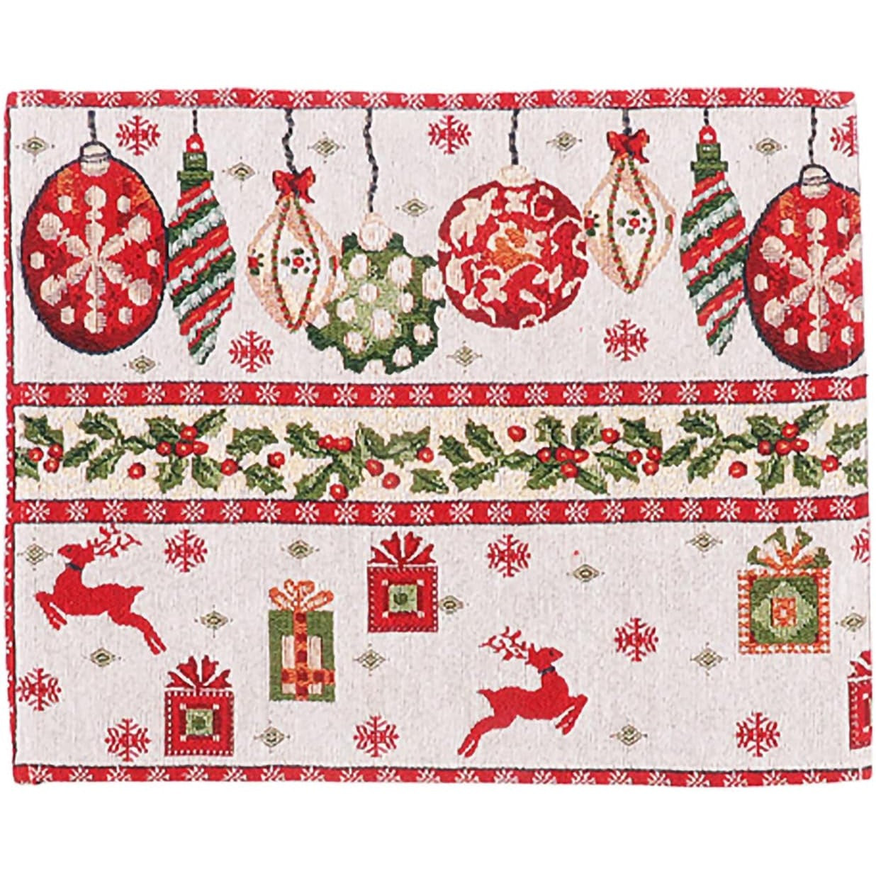 Șervețel Decorativ pentru Masă Tematică Crăciun, Model Globulețe și Cadouri, 43 x 34 cm, Roșu