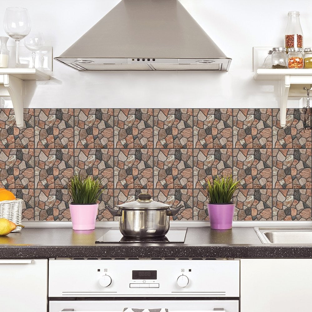 Set 10 Placi tapet autocolant 3D cu imitație de piatra - cărămiziu 30x30 cm