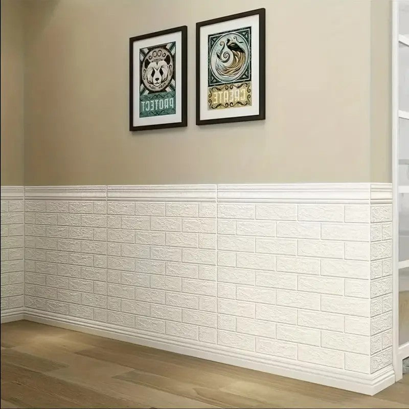 Set 10 placi tapet autoadezive 3D cu imitație de cărămidă alba 35x38cm