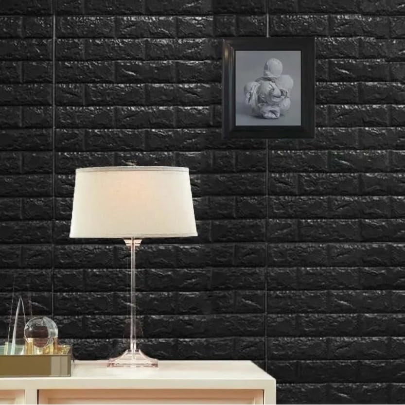 Set 10 placi tapet autoadezive 3D din polietilenă cu imitație de cărămidă neagră 35x38cm