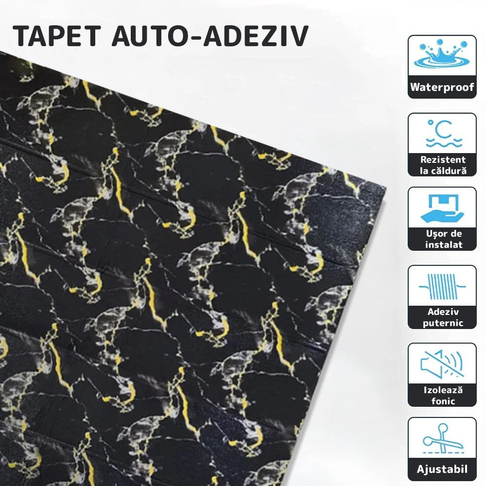 Set 10 placi tapet autoadezive 3D din rășină cu imitație placi de lemn Negru 70x70cm, 4.9MP