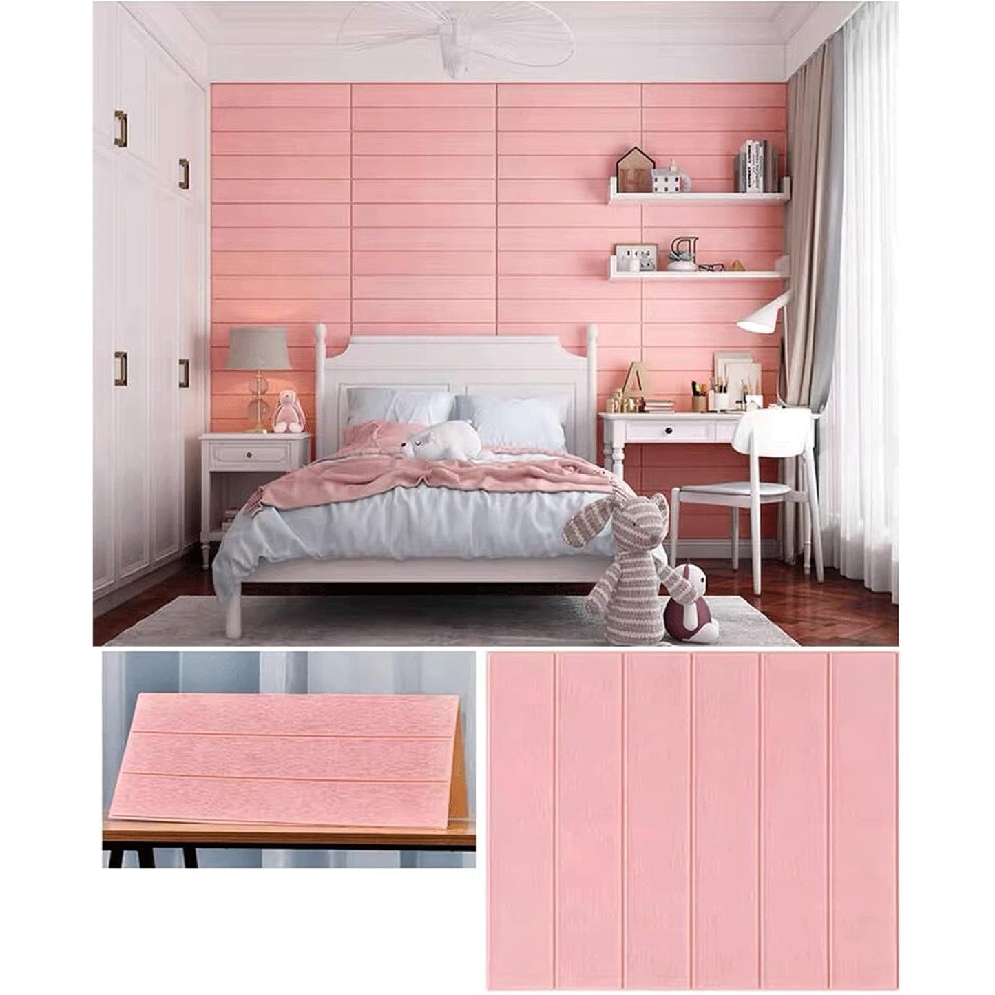 Set 10 placi tapet autoadezive 3D din rășină cu imitație placi de lemn Roz Pudrat 70x70cm, 4.9MP
