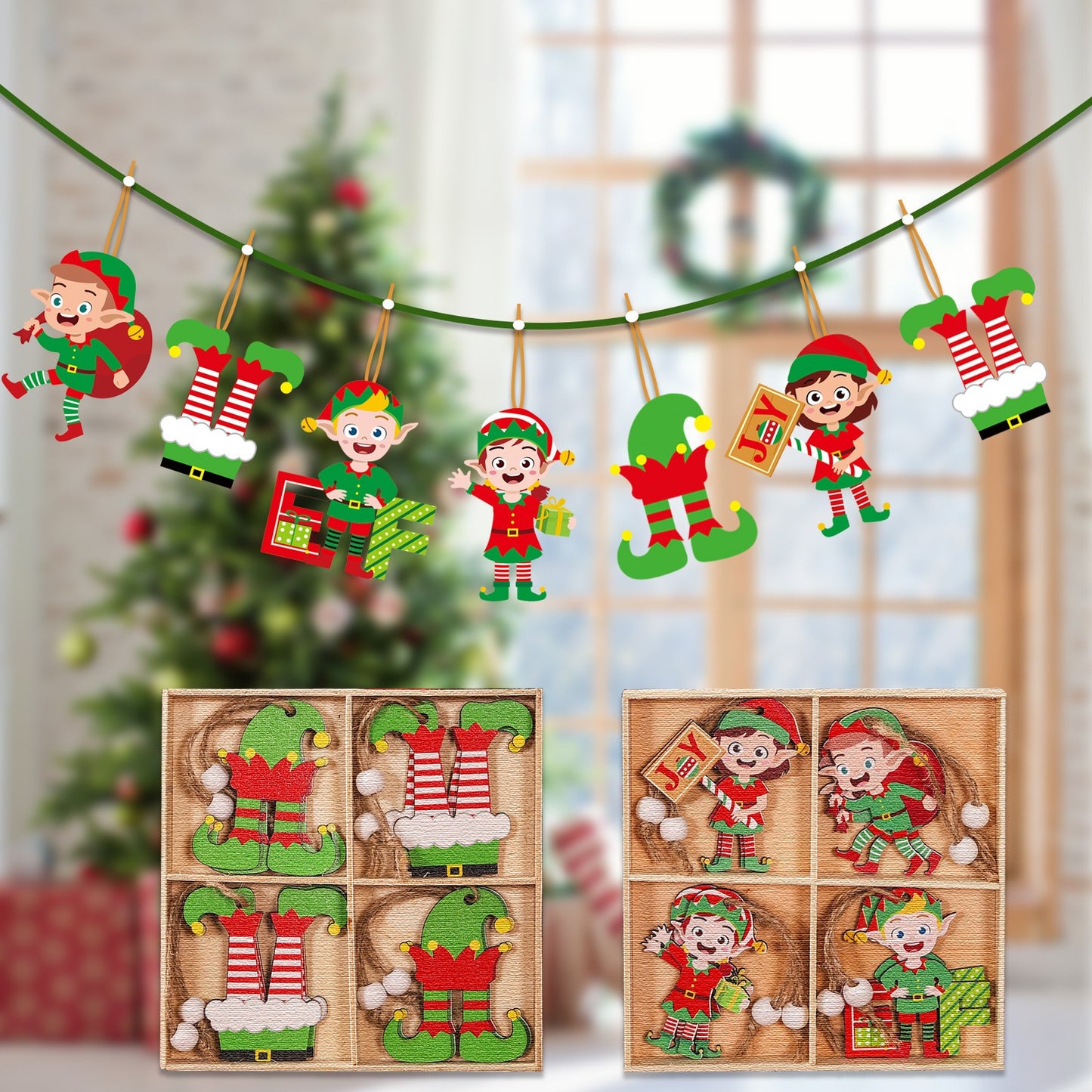 Set 12 Decorațiuni de Crăciun din Lemn cu Snur pentru Agatare în Brad - Model Căciulițe si Pantaloni