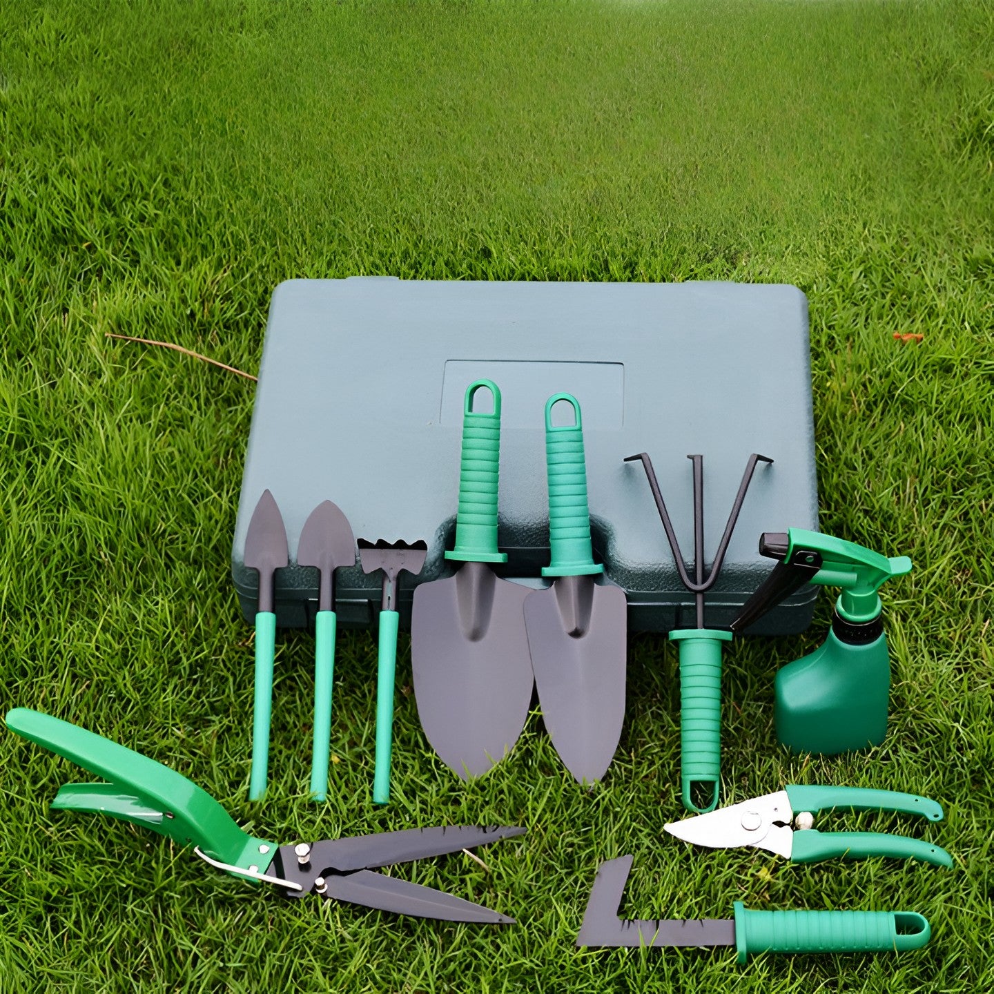 Set 12 Unelte de Grădină, Flippy, pentru Plantare, Prelucrare Sol și Îngrijire Plante, cu Cutie, Verde Deschis