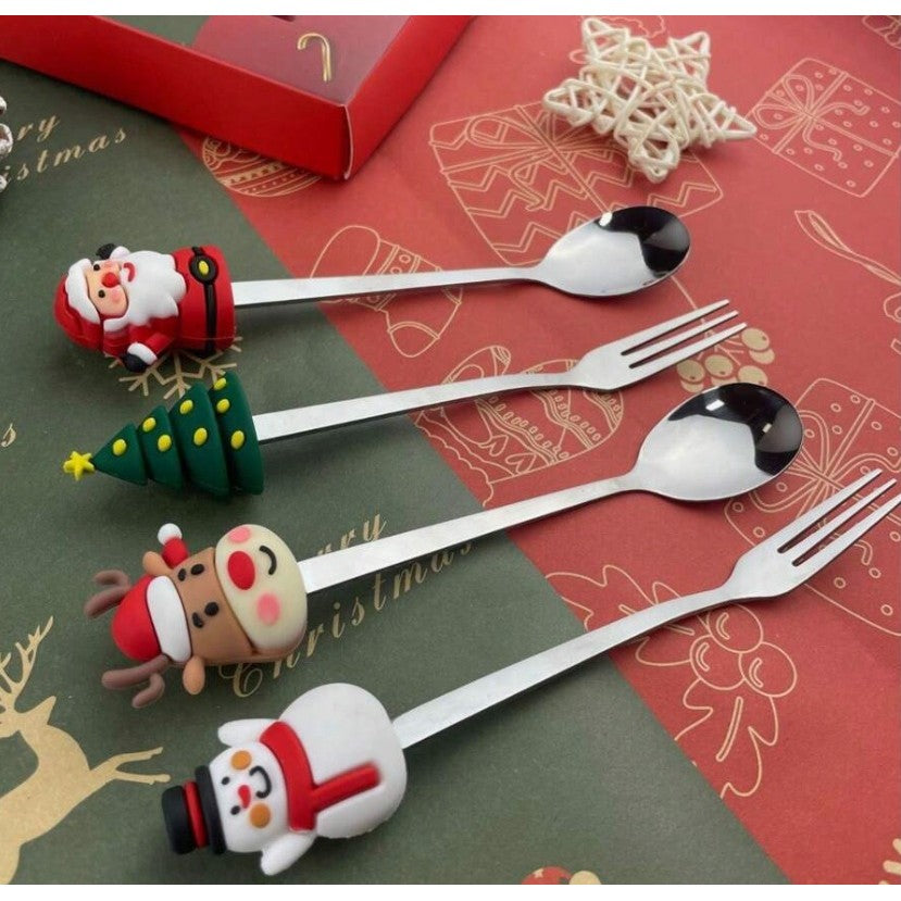 Set 4 Tacâmuri, cu Figurine de Crăciun, din Oțel Inoxidabil, 2 Furculițe, 2 Linguri, Cutie Festivă, 13.5 cm, Roșu