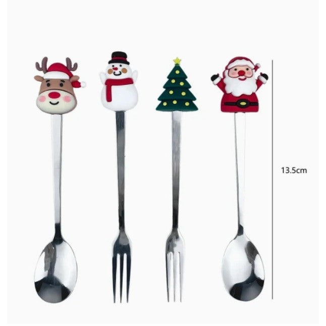Set 4 Tacâmuri, cu Figurine de Crăciun, din Oțel Inoxidabil, 2 Furculițe, 2 Linguri, Cutie Festivă, 13.5 cm, Roșu