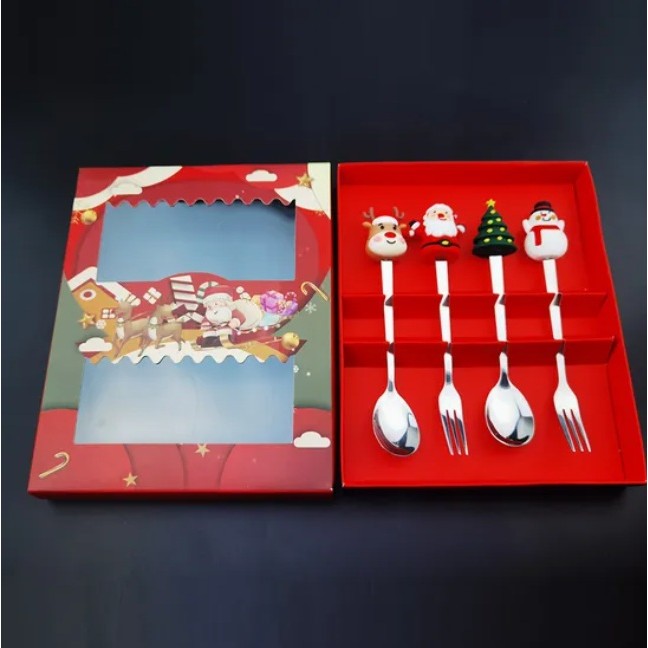 Set 4 Tacâmuri, cu Figurine de Crăciun, din Oțel Inoxidabil, 2 Furculițe, 2 Linguri, Cutie Festivă, 13.5 cm, Roșu