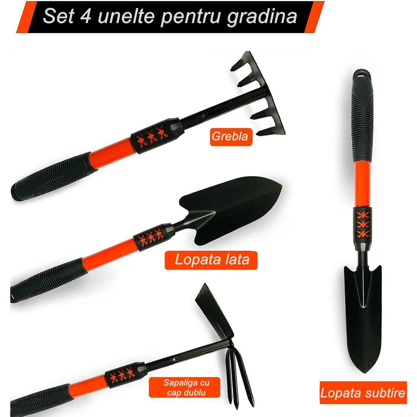 Set 4 unelte de grădină , mâner extensibil, pentru plantare prelucrare sol si îngrijire plante