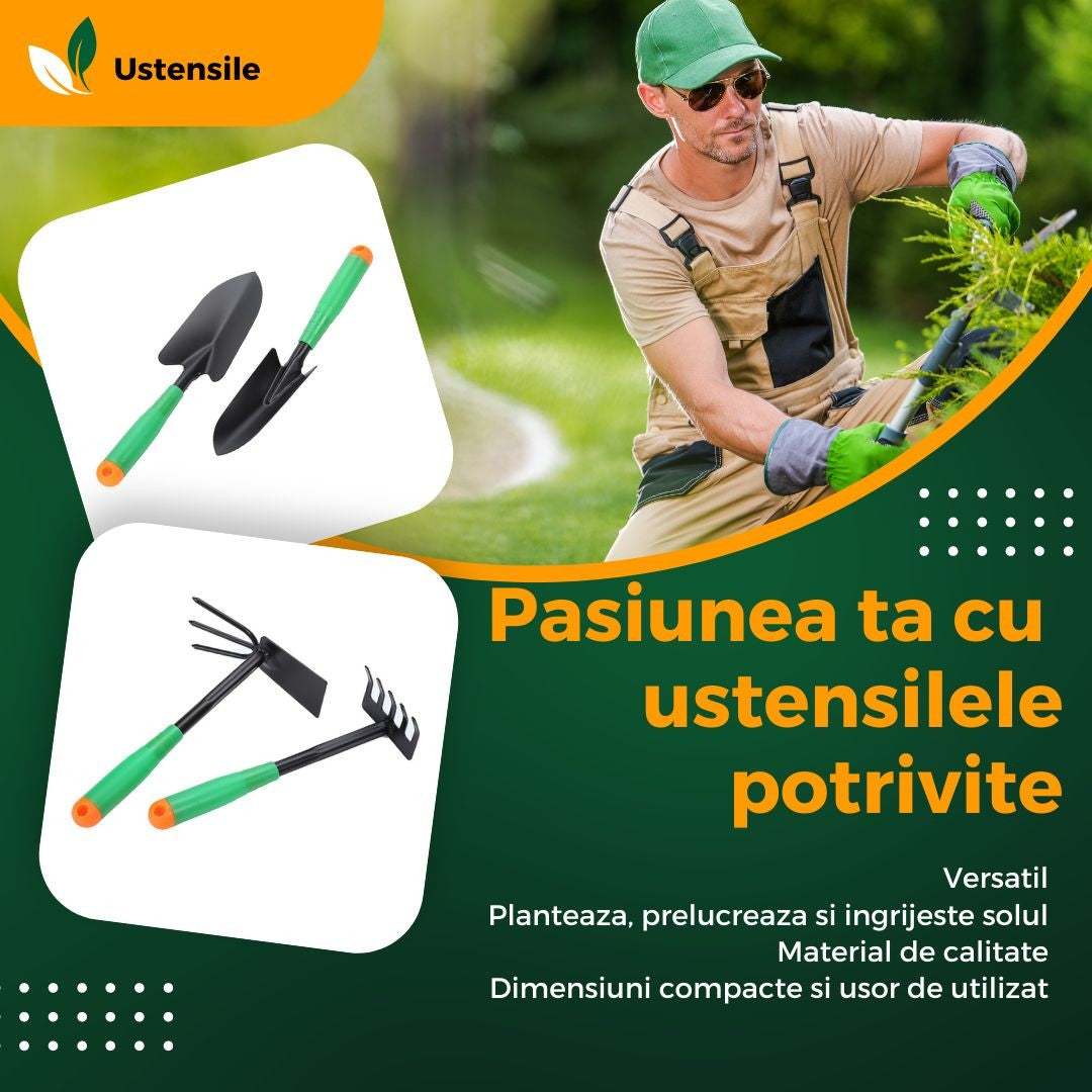 Set 4 unelte de grădinărit, pentru plantare prelucrare sol si îngrijire plante