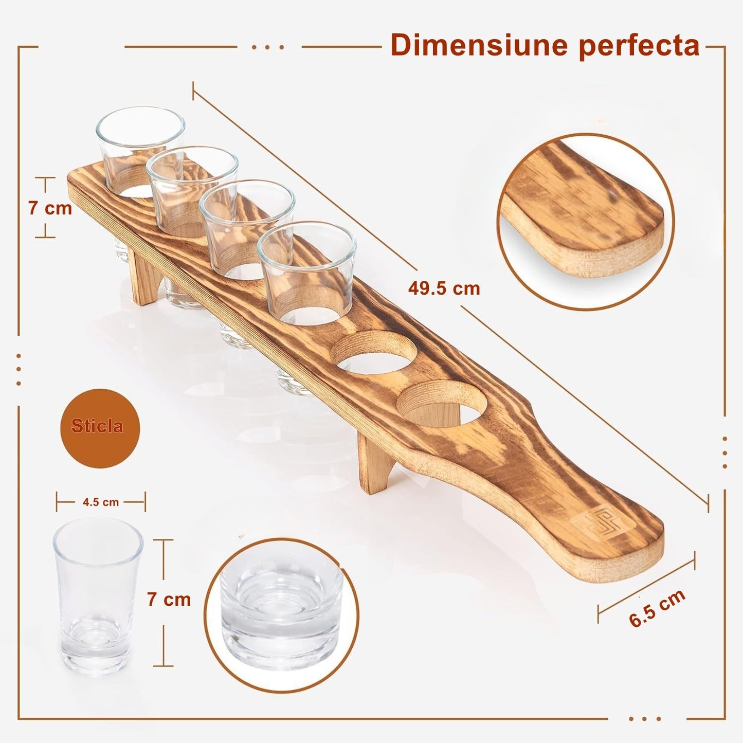 Set 6 pahare de Shot din sticla, cu suport de lemn, Design rustic 49.5x7x6.5 Maro
