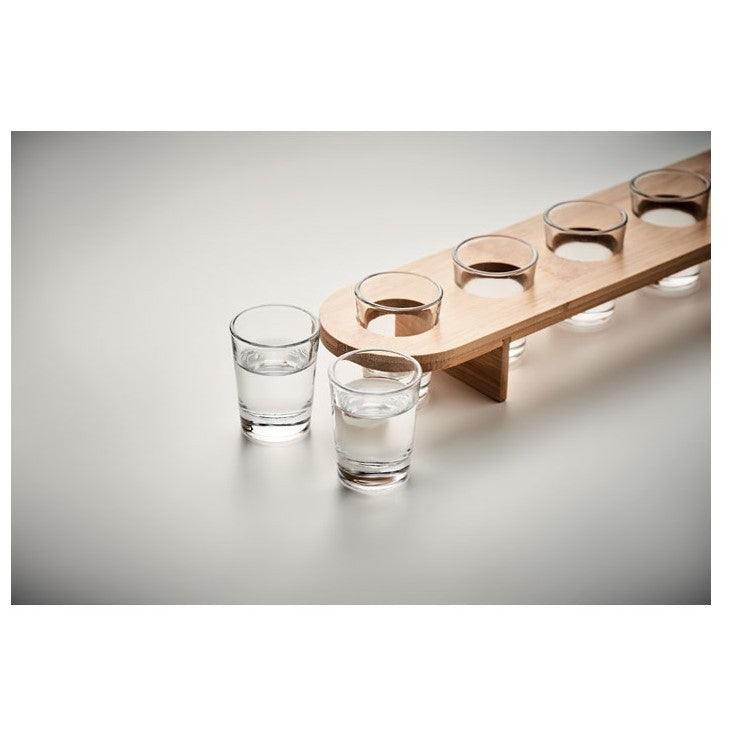 Set 6 pahare de Shot din sticla, cu suport de lemn, Design rustic 49.5x7x6.5 Maro