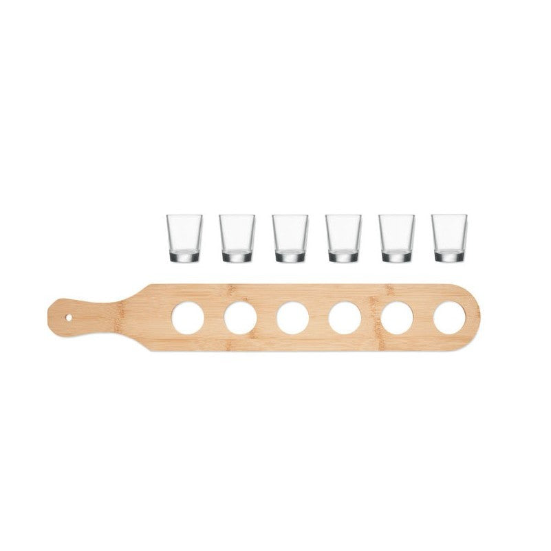 Set 6 pahare de Shot din sticla, cu suport de lemn, Design rustic 49.5x7x6.5 Maro