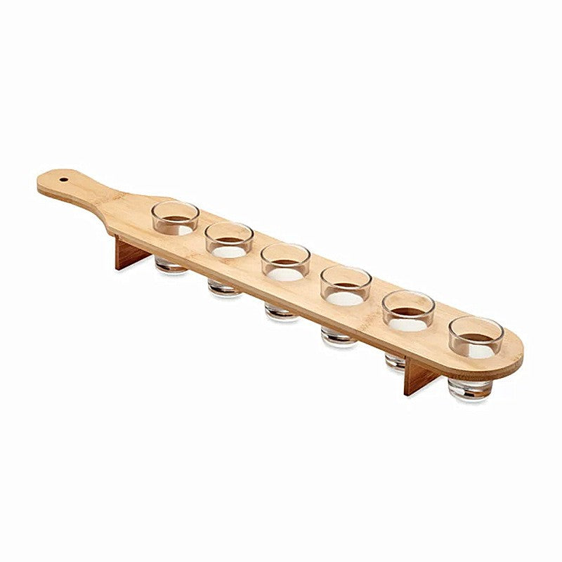 Set 6 pahare de Shot din sticla, cu suport de lemn, Design rustic 49.5x7x6.5 Maro