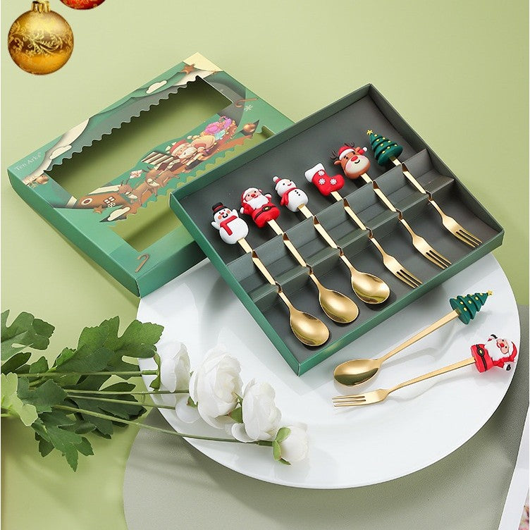 Set 6 Tacâmuri – Tematică Crăciun | 3 Linguri + 3 Furculițe cu Figurine | Oțel Inoxidabil 410 |- Auriu
