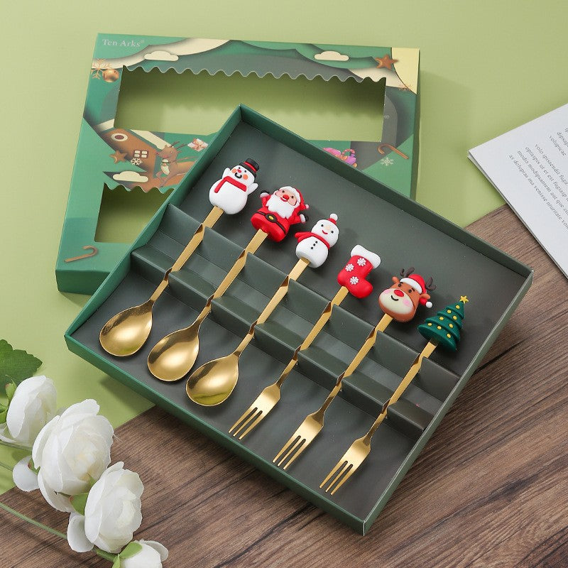 Set 6 Tacâmuri – Tematică Crăciun | 3 Linguri + 3 Furculițe cu Figurine | Oțel Inoxidabil 410 |- Auriu