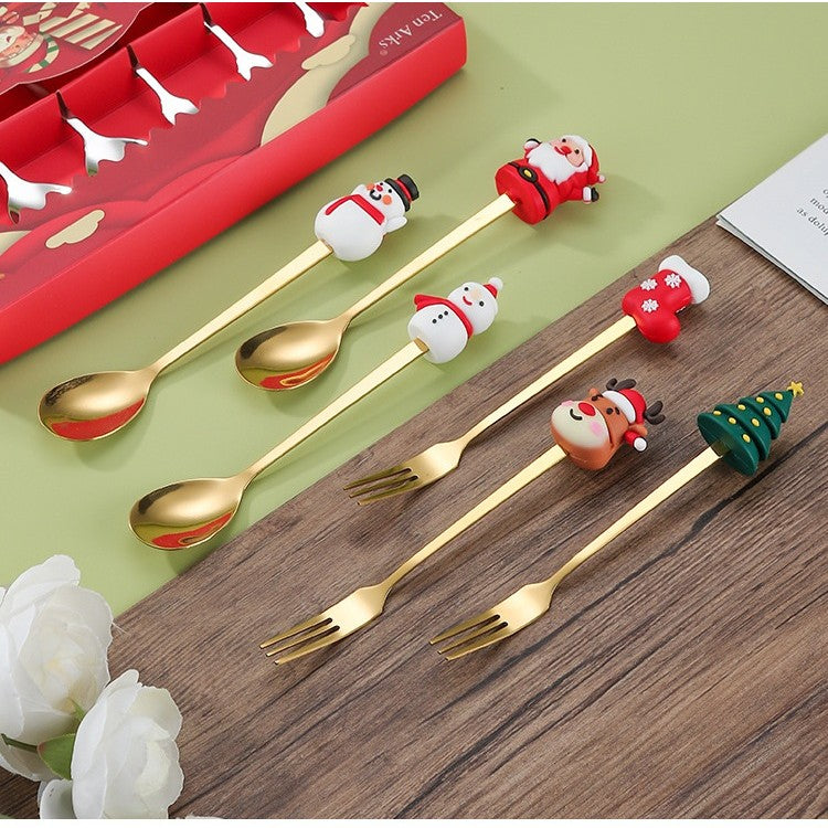 Set 6 Tacâmuri – Tematică Crăciun | 3 Linguri + 3 Furculițe cu Figurine | Oțel Inoxidabil 410 |- Auriu