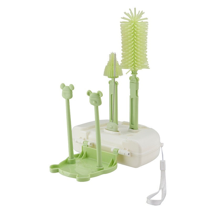Set 7 Piese de Spălat/Uscat Biberoane, Portabil, Peri din Silicon, pentru Tetine, Suzete, Biberoane și Paie, Cutie Inclusă, 16 x 11 x 5 cm, Model Ursuleț-VERDE