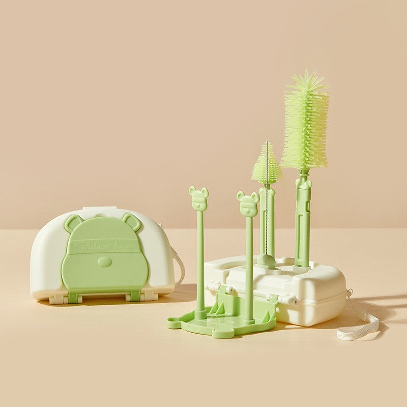 Set 7 Piese de Spălat/Uscat Biberoane, Portabil, Peri din Silicon, pentru Tetine, Suzete, Biberoane și Paie, Cutie Inclusă, 16 x 11 x 5 cm, Model Ursuleț-VERDE