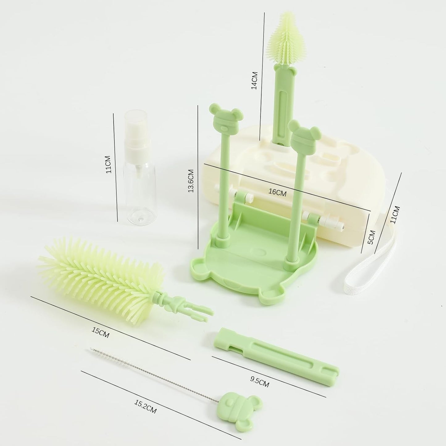 Set 7 Piese de Spălat/Uscat Biberoane, Portabil, Peri din Silicon, pentru Tetine, Suzete, Biberoane și Paie, Cutie Inclusă, 16 x 11 x 5 cm, Model Ursuleț-VERDE