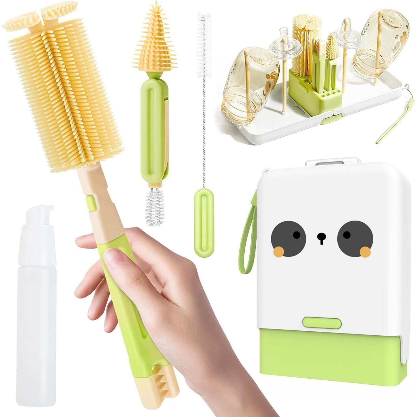 Set 7 Piese de Spălat/Uscat Biberoane, Model Animat, Portabil, Peri din Silicon, pentru Tetine, Suzete, Biberoane și Paie, Cutie Inclusă