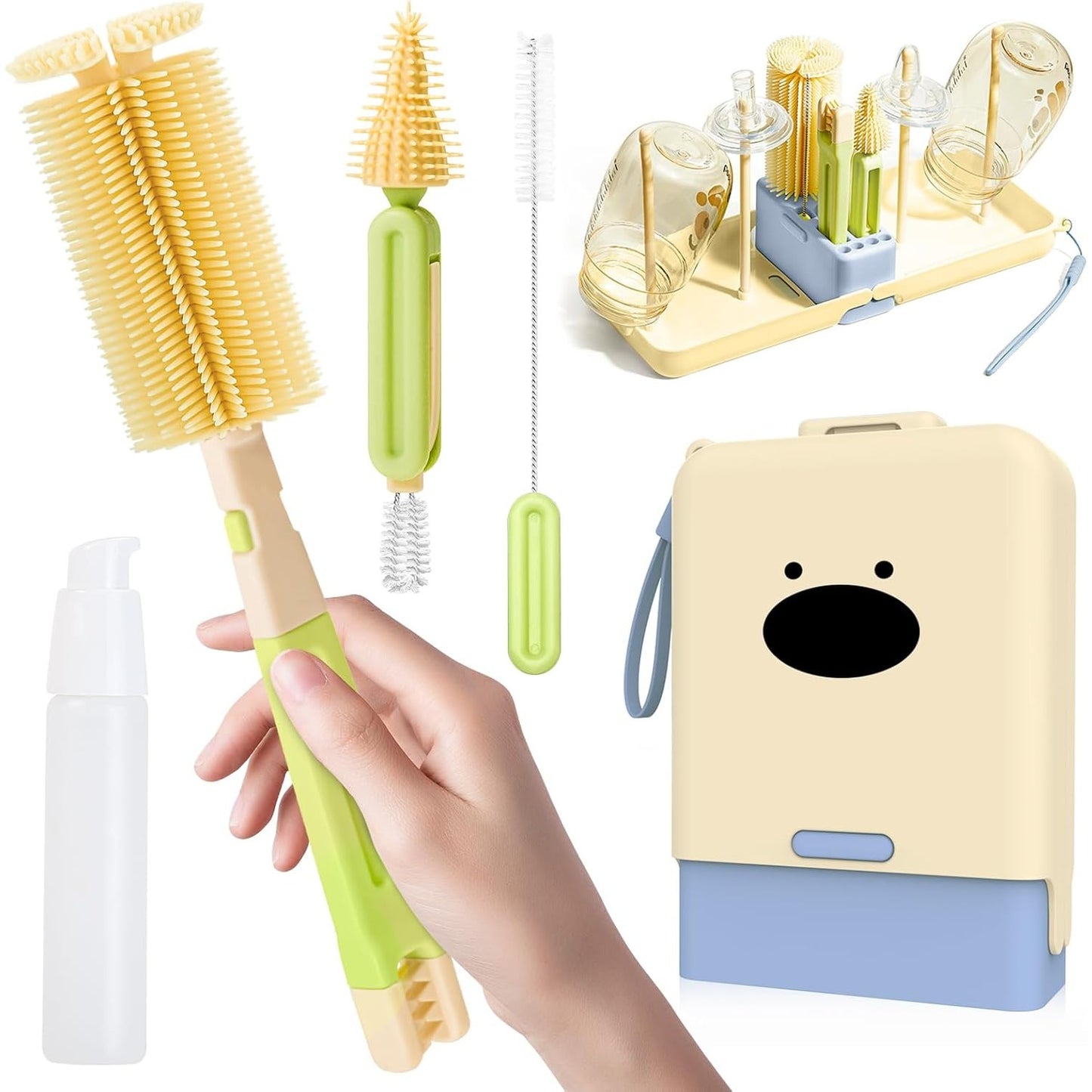 Set 7 Piese de Spălat/Uscat Biberoane, Model Animat, Portabil, Peri din Silicon, pentru Tetine, Suzete, Biberoane și Paie, Cutie Inclusă Albastru