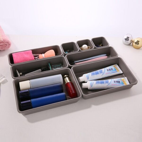 Set 8 cutii depozitare, pentru sertar, cosmetice, ustensile bucatarie, textile, plastic, gri, 23.5 x 16 cm